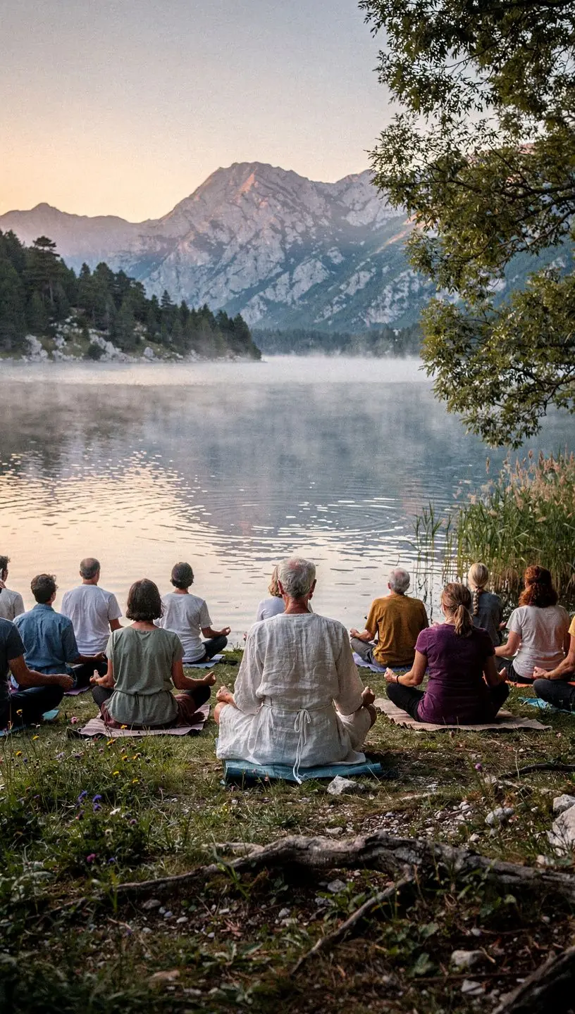 Στιγμιότυπο από μια συνεδρία γιόγκα με ήρεμη μουσική και ατμόσφαιρα χαλάρωσης.